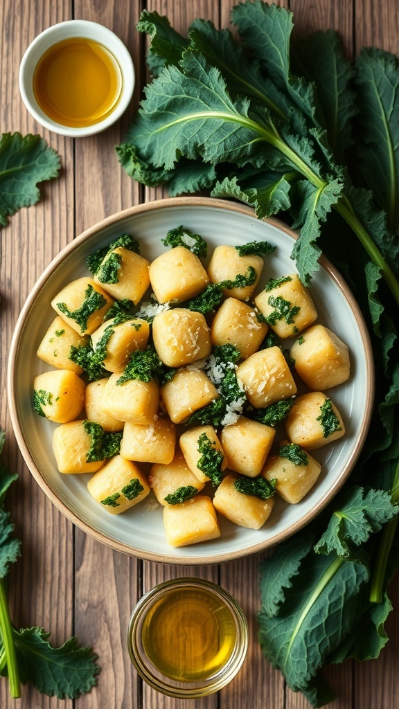 Golden brown kale gnocchi served with Parmesan cheese on a rustic wooden table.